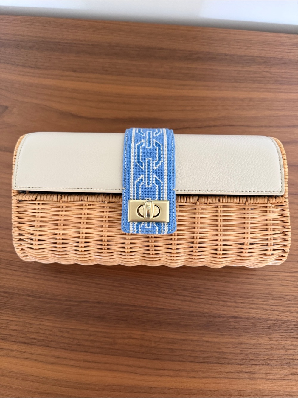 J. McLaughlin NEW Rattan clutch with Cream Leather and Blue Accent